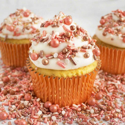 Rose Gold Sprinkle Mix on Cupcake with Rose Gold Cupcake Liner