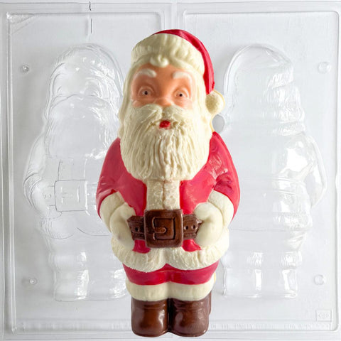 Chocolate mold shaped like a Santa Claus figure on a white background