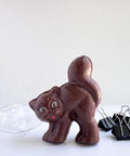 A 3d chocolate cat next to a clear plastic candy mold and binder clips all sitting on a white background.