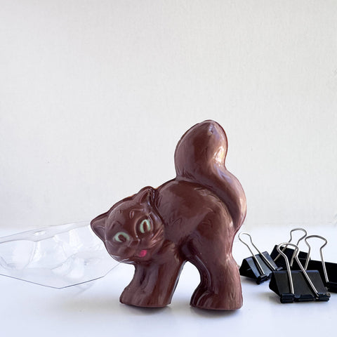 A 3d chocolate cat next to a clear plastic candy mold and binder clips all sitting on a white background.