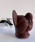 3d medium turkey made from dark chocolate sitting with the mold used to make it.