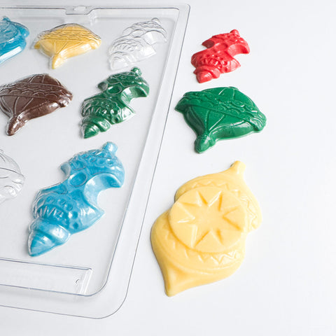 Ornament shaped candy molds for making Christmas ornament chocolates.