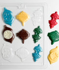 Ornament pieces candy mold for making festive ornament shaped candy out of chocolate.