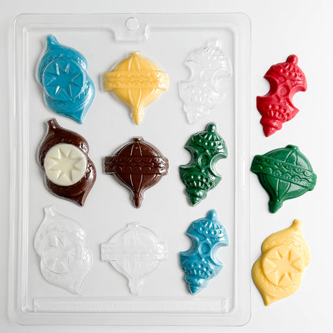 Ornament pieces candy mold for making festive ornament shaped candy out of chocolate.