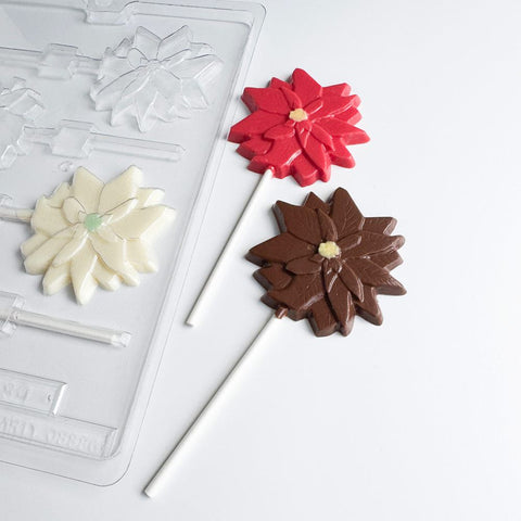Poinsettia chocolate lollipops and candy mold.