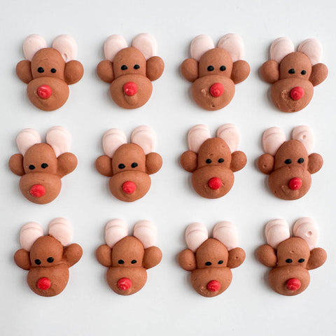 Reindeer royal icing decorations for decorating cookies, cakes, cupcakes, and more.