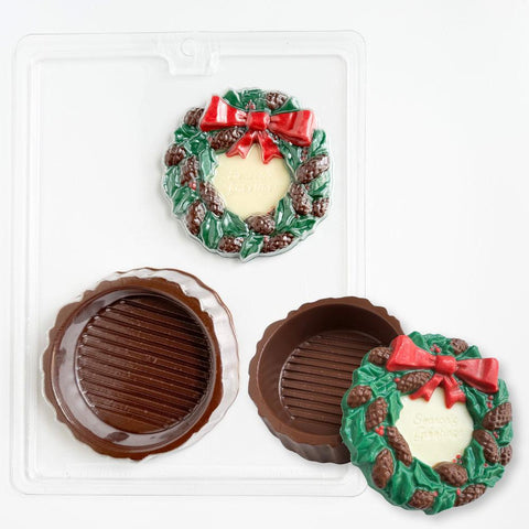 Wreath pour box candy mold for making a box out of chocolate.
