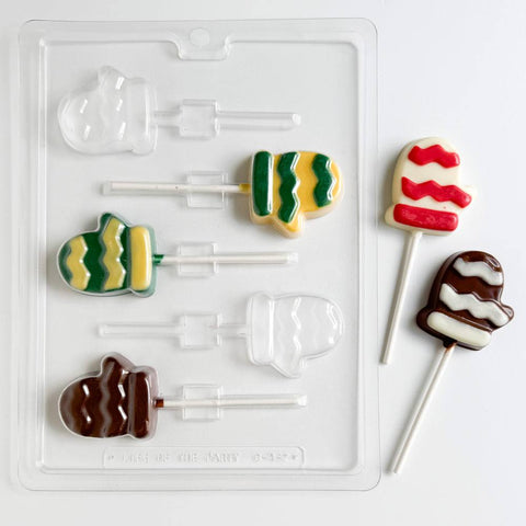 cute mitten pop candy mold with mitten shaped chocolate lollipops.