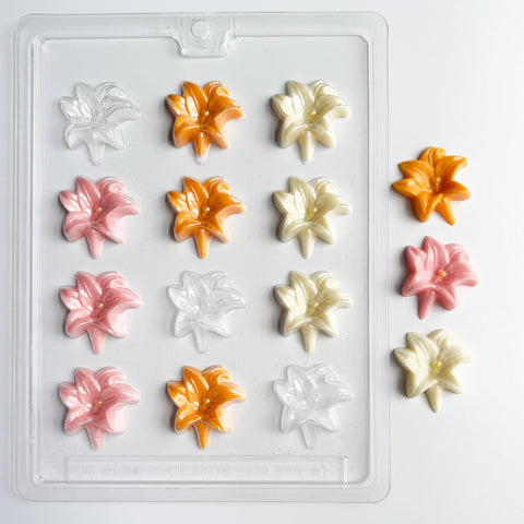 easter lily candy mold with small lily shaped chocolates