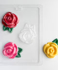 large rose pieces candy mold with large chocolate roses in red, pink, and yellow. 