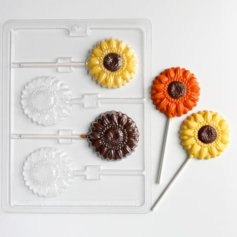 Medium sunflower chocolate lollipops made with a sunflower candy mold