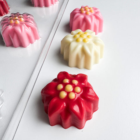 Chocolate truffles shaped like poinsettias along side the plastic chocolate mold used to make them.