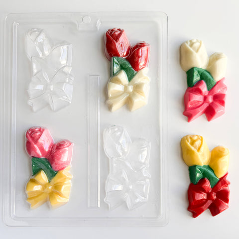 rose corsage candy mold. rose shaped mold with bow to make a chocolate rose corsage