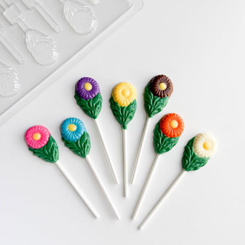 small daisy chocolate lollipops with plastic daisy chocolate mold