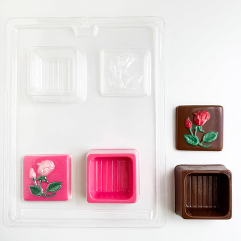 square chocolate box candy mold with rose imprinted on the cover 