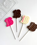 number sixteen lollipop with the word sweet written in the number one. Plastic sweet sixteen lollipop mold off to the side