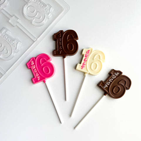 number sixteen lollipop with the word sweet written in the number one. Plastic sweet sixteen lollipop mold off to the side