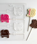 sweet sixteen lollipop chocolate mold with the number sixteen on a stick and the word sweet written on the number one.
