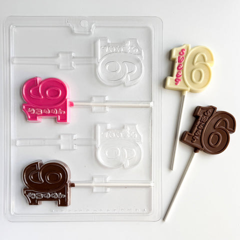 sweet sixteen lollipop chocolate mold with the number sixteen on a stick and the word sweet written on the number one.