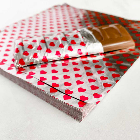6 inch Valentine Candy Foil Wrappers | Heart Print Candy Foil | Foil for Wrapping Chocolate Bars