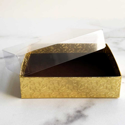 gold candy box with clear lid